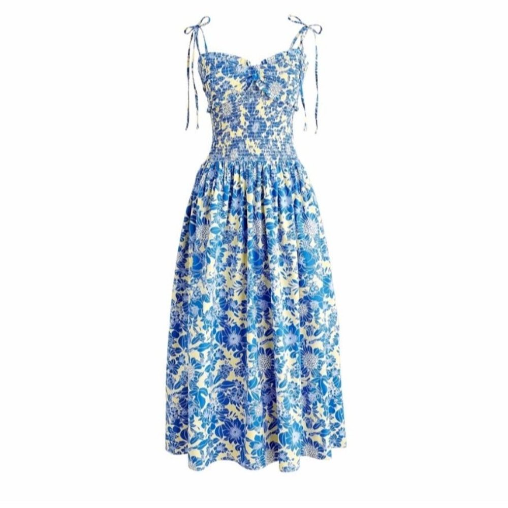 J.Crew Collection Dress Tie Shoulder Smocked Floral Cotton Poplin Blue Yellow Su - Picture 11 of 13